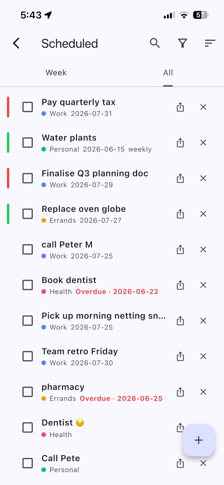 Overdue surfaced. Recurrence respected. Categories colour-coded so the list reads.