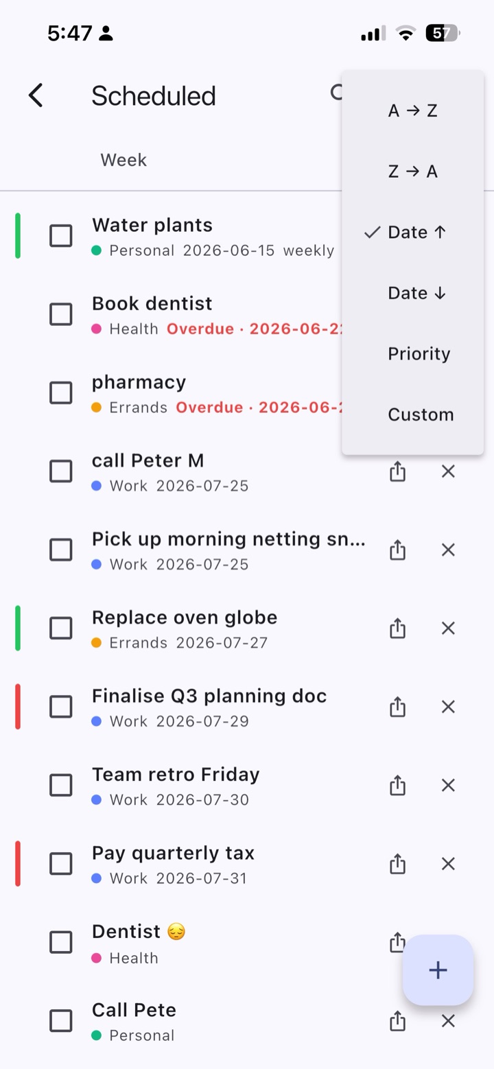 Sort by name, date, or priority. Pick Custom to drag the list into the order you want.