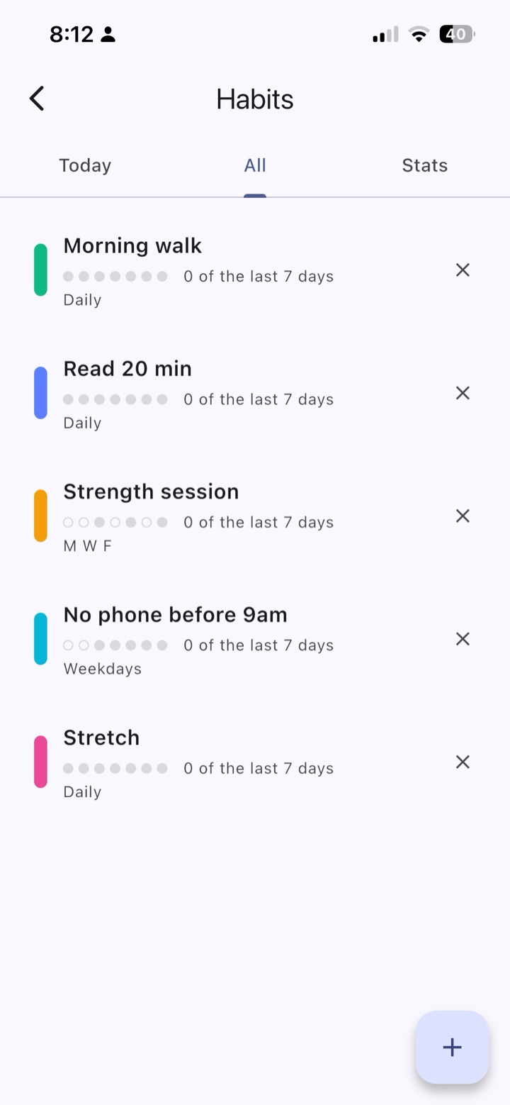 Edit, reorder, or delete. The dots show your last seven days at a glance.