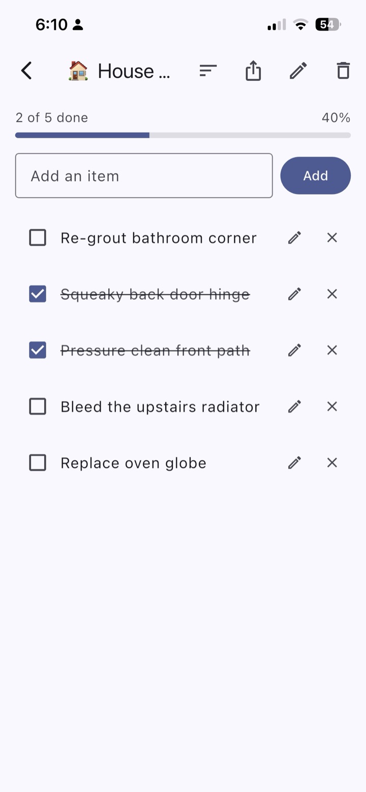 Tap to check. Strike-through stays so you remember what's done.