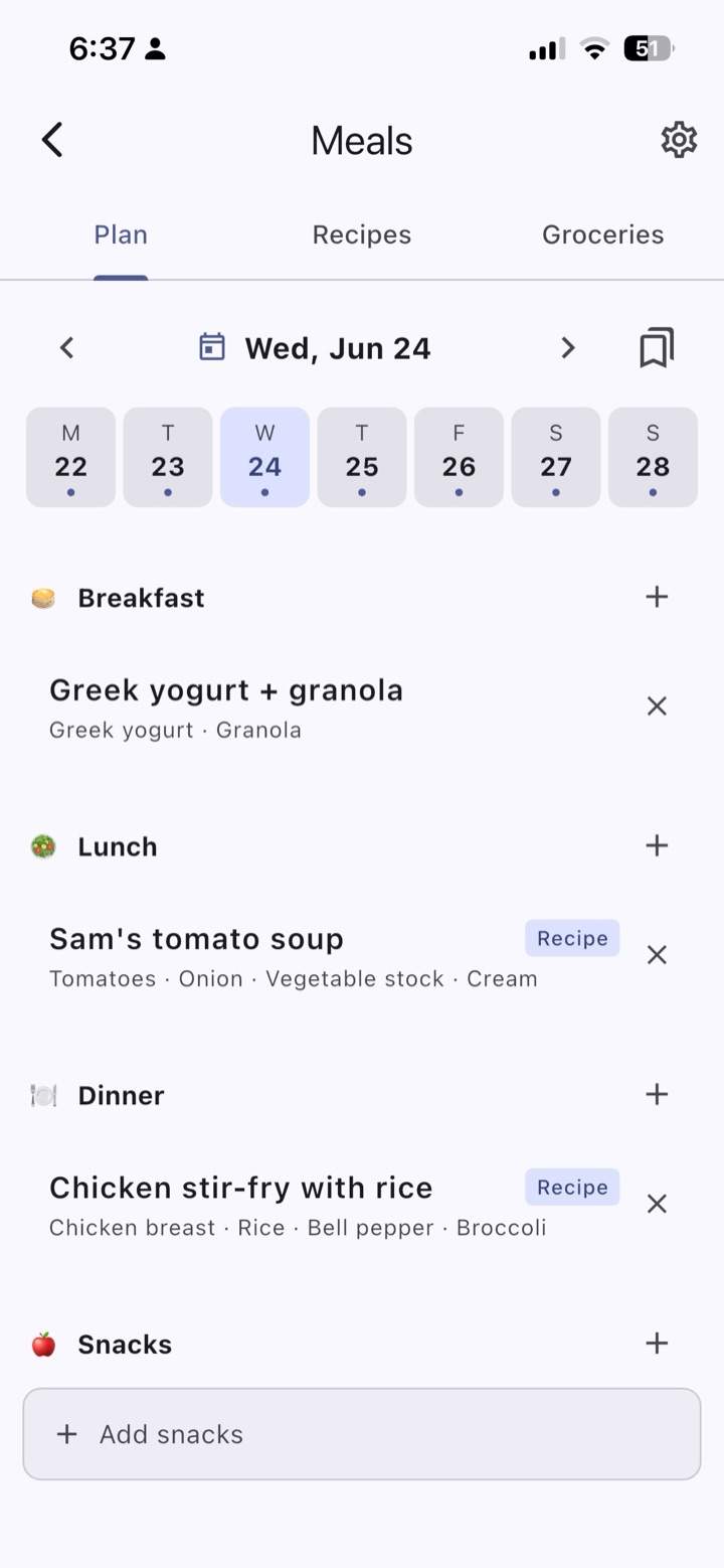 A week of meals, planned. Breakfast, lunch, dinner, snacks. Or just dinner.