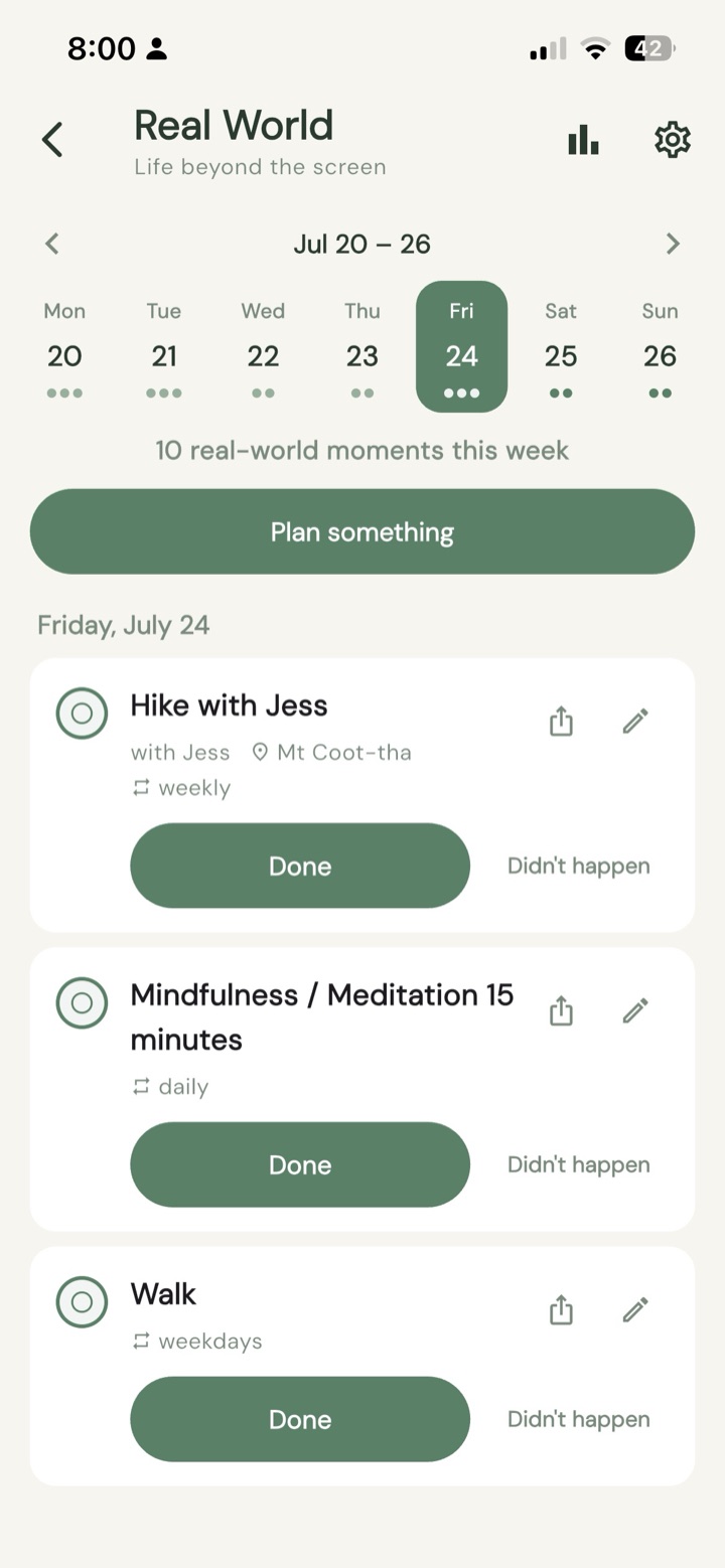 Real World main screen with planned activities for the week