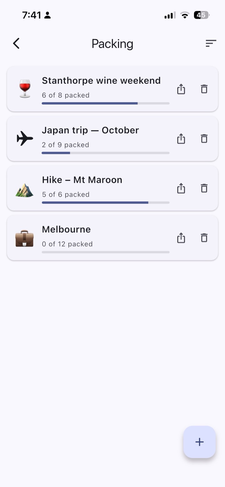 A list per trip. Tap as you pack. The progress bar closes.