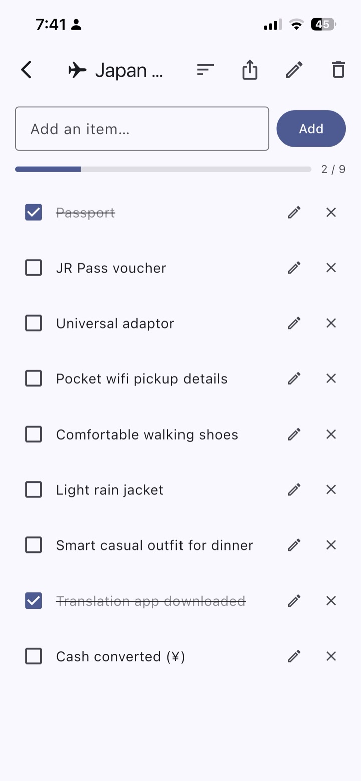 Things to pack. Things you've packed. Reset for the next trip.