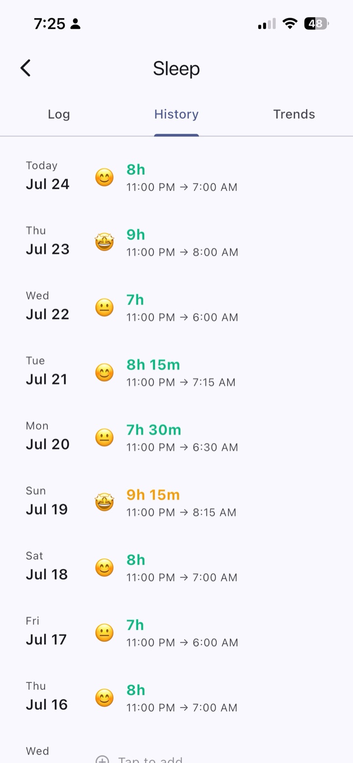 Recent nights at a glance. Tap any day to add or edit.