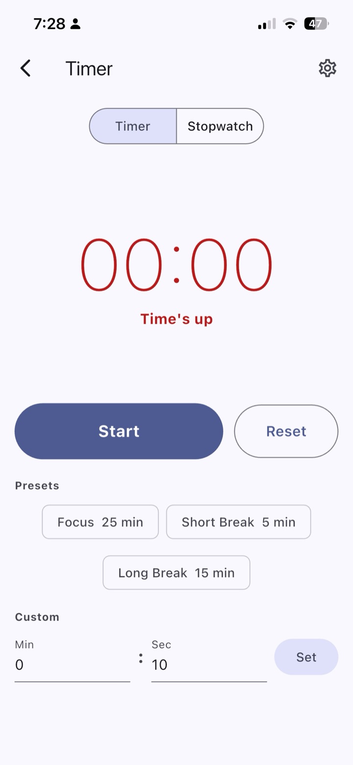 Focus, break, repeat. Or set your own. Sits where you need it.